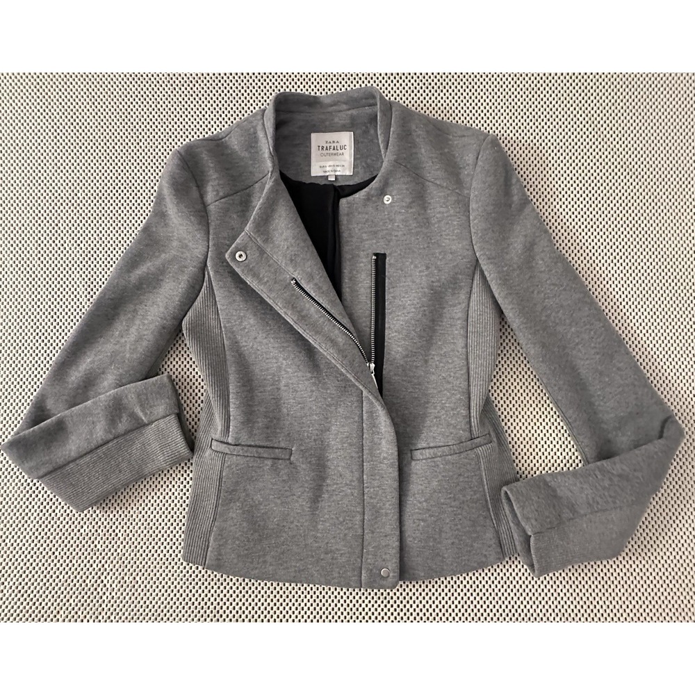 Zara Gray Moto Jacket‎ Women Sz S Asymmetrical Zipper Jersey Fabric Dress Casual